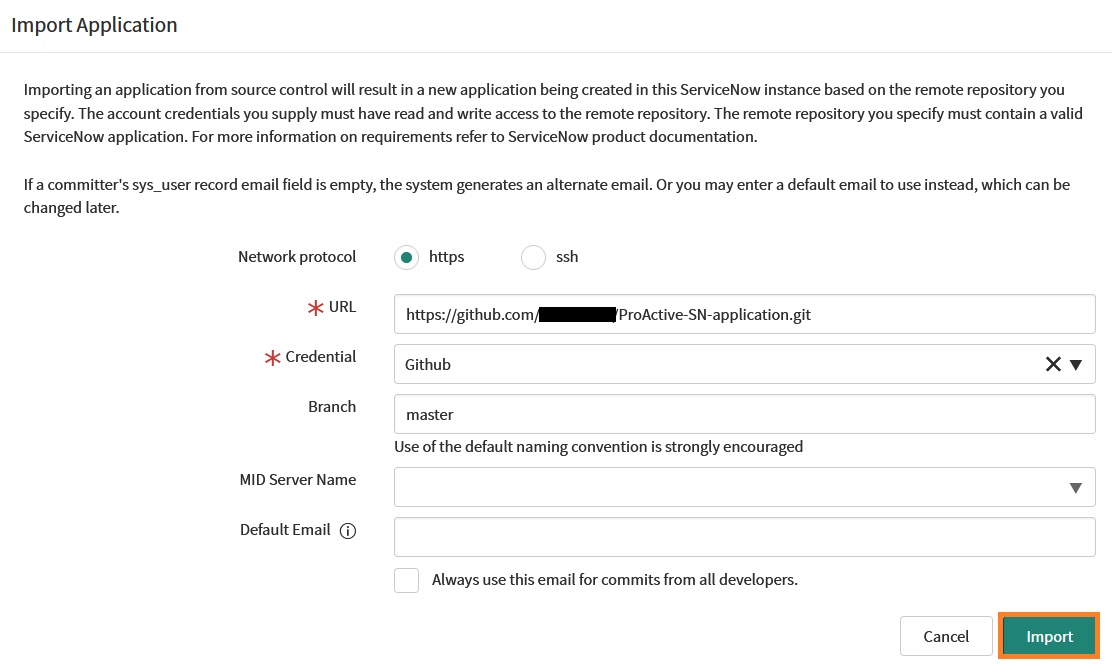 servicenow import from source control definition